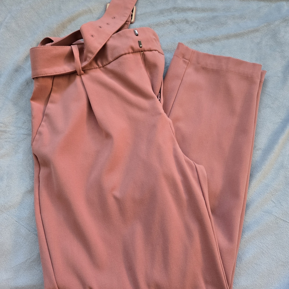 High-Waist Belted Straight-Leg Pants - Dusty Rose